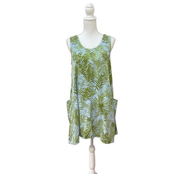 CLICK by CMC Sz M Green Blue Leaf Botanical Print Scoop Neck A-Line Short Dress - Picture 3 of 8